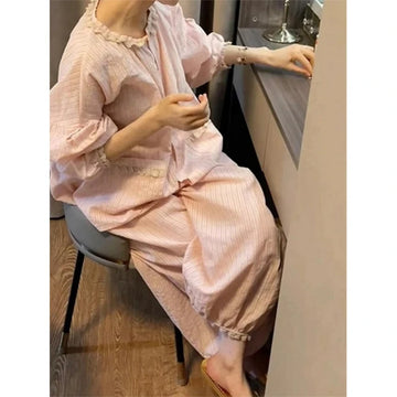 MQTIME  -  Girls Sweet Lace Long-sleeved Pajamas Women's Spring and Autumn Models New Comfortable Cotton Yarn Loungewear Large Size Set